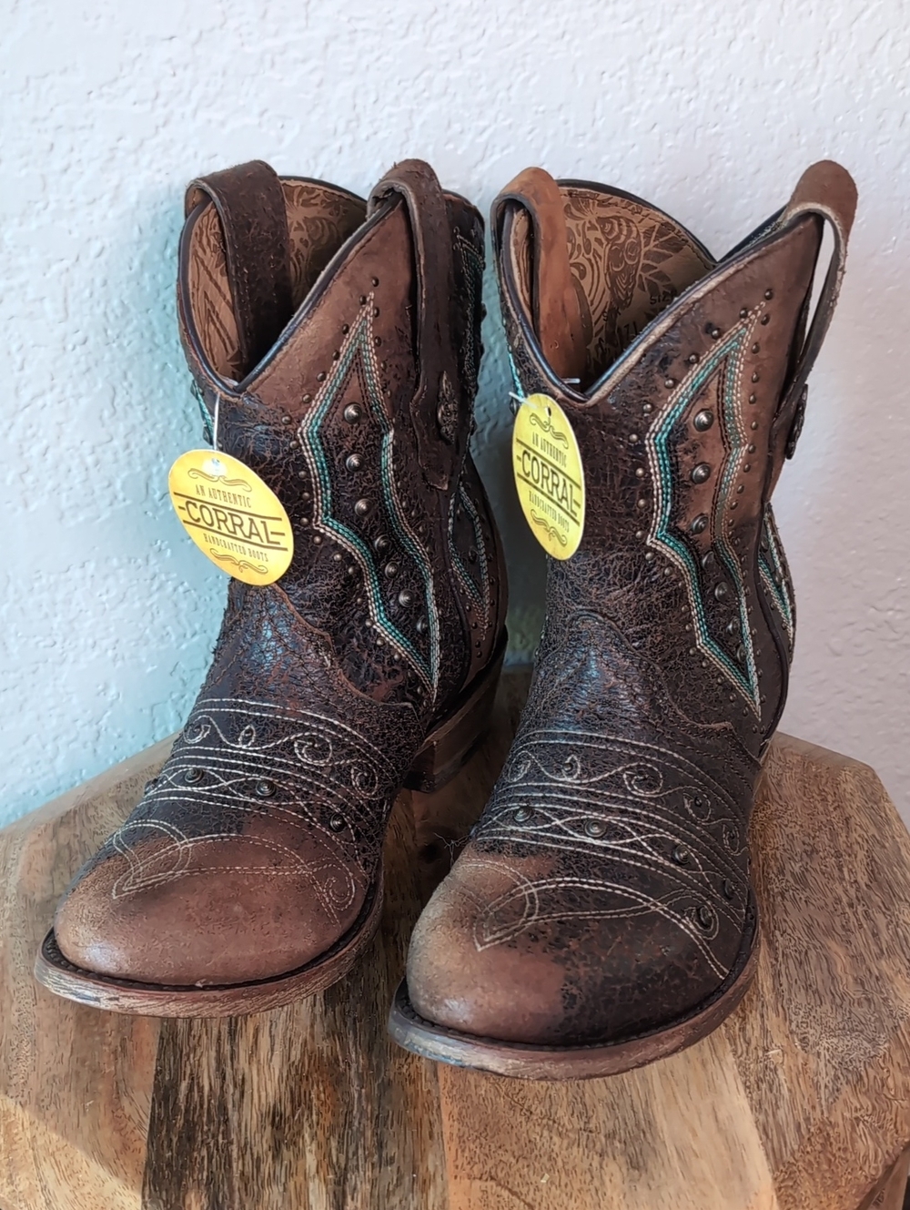 Corral Brown Distressed Western Ankle Boots with Turquoise Stitching